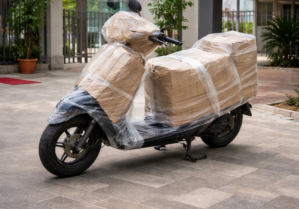 Two-wheeler fully wrapped and secured for safe vehicle transportation
