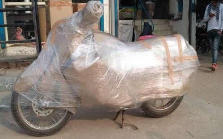 Motorcycle fully wrapped and secured for safe transportation