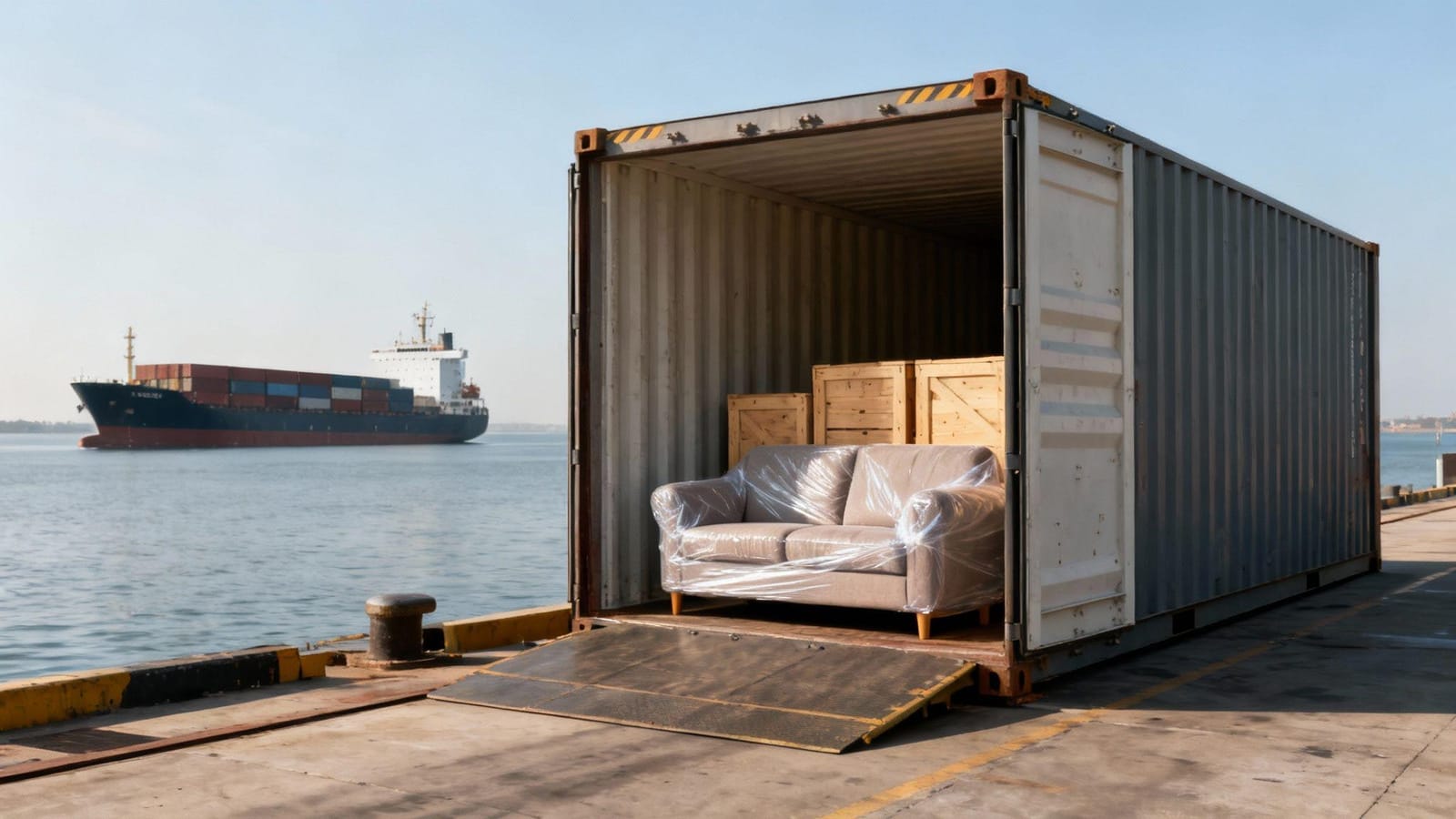 Wrapped furniture loaded into a shipping container at port for international relocation
