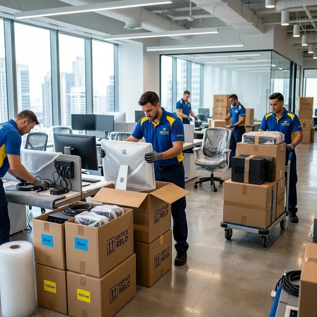 Pack4Move crew packing and labelling office workstations and IT equipment
