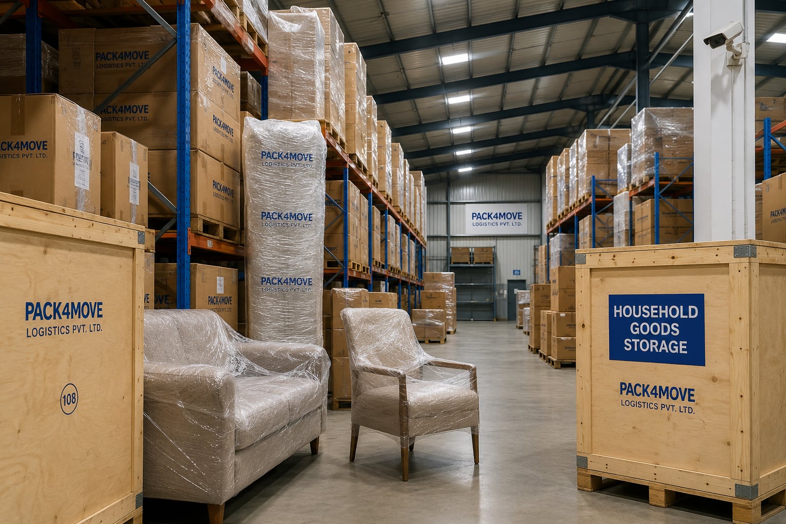 Pack4Move warehouse with wrapped furniture and household goods storage crates